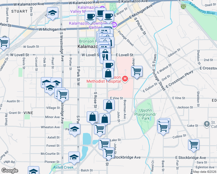 map of restaurants, bars, coffee shops, grocery stores, and more near 111 East Dutton Street in Kalamazoo