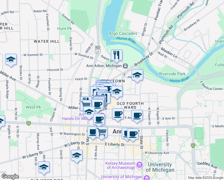map of restaurants, bars, coffee shops, grocery stores, and more near 509 Detroit Street in Ann Arbor