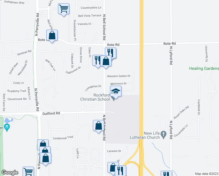 map of restaurants, bars, coffee shops, grocery stores, and more near 7520 Blairmore Drive in Rockford