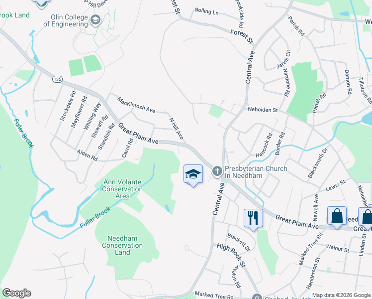 map of restaurants, bars, coffee shops, grocery stores, and more near 1532 Massachusetts 135 in Needham