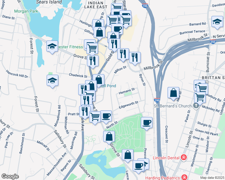 map of restaurants, bars, coffee shops, grocery stores, and more near 7 Brookfield Street in Worcester