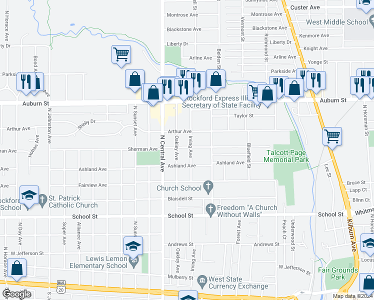 map of restaurants, bars, coffee shops, grocery stores, and more near 824 Irving Avenue in Rockford