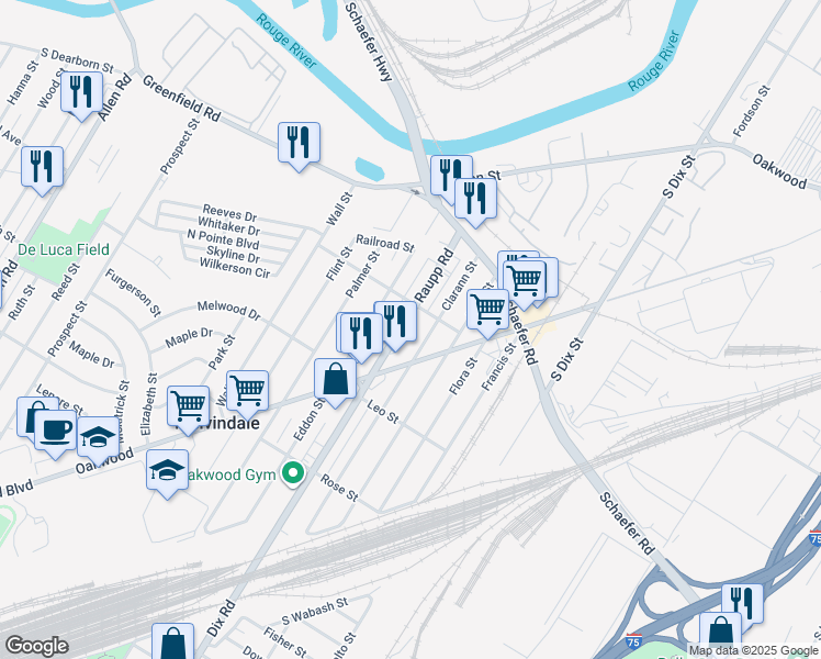 map of restaurants, bars, coffee shops, grocery stores, and more near 17250 Raupp Road in Melvindale