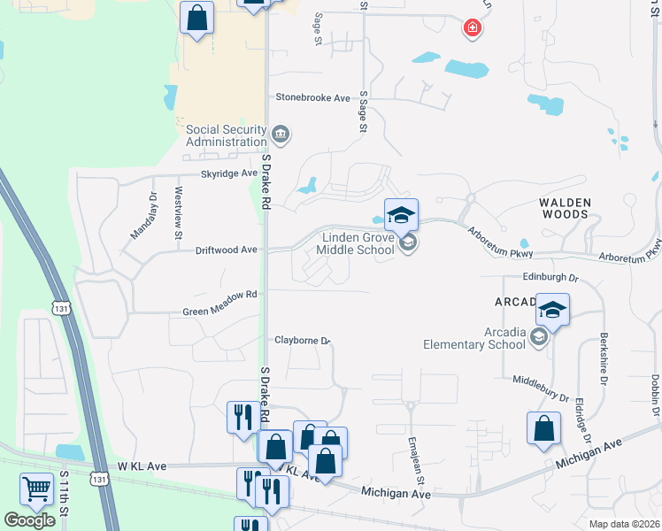 map of restaurants, bars, coffee shops, grocery stores, and more near 807 Central Park Circle in Kalamazoo