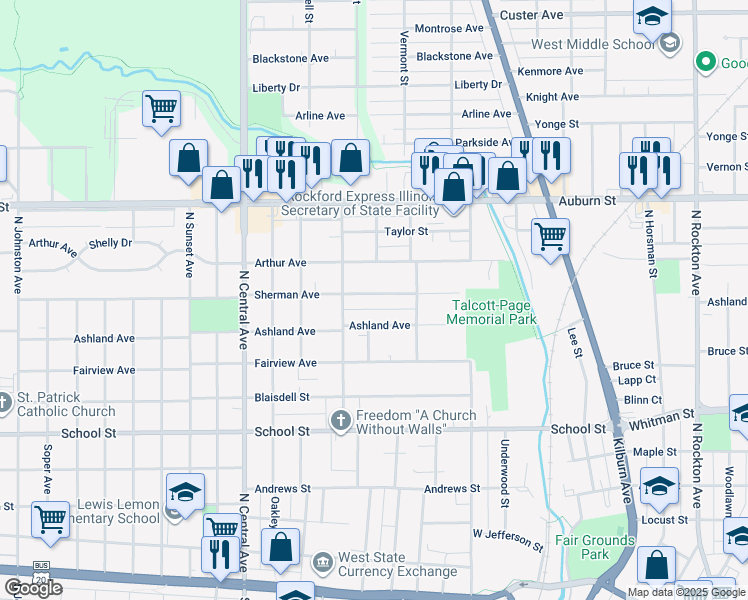 map of restaurants, bars, coffee shops, grocery stores, and more near 1308 Sherman Avenue in Rockford