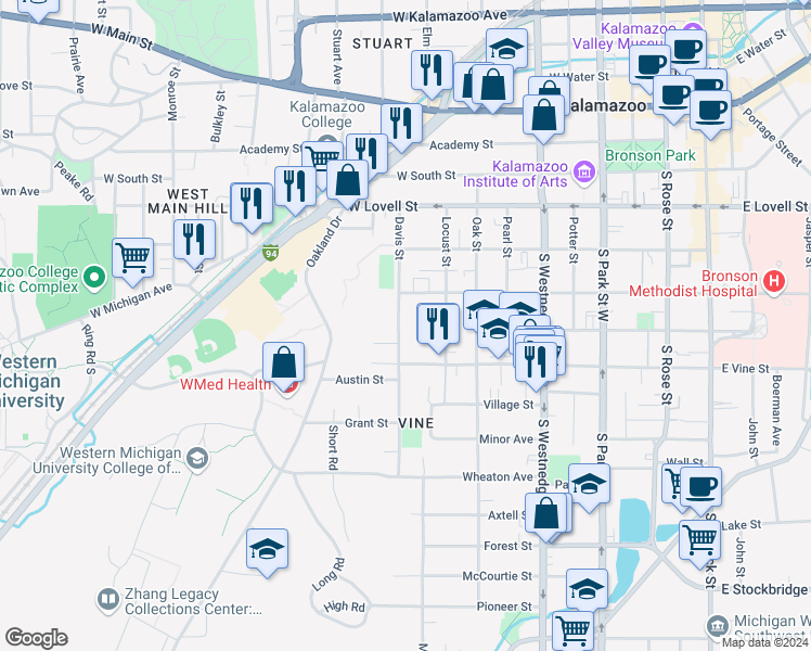 map of restaurants, bars, coffee shops, grocery stores, and more near 629 Davis Street in Kalamazoo