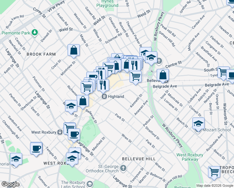 map of restaurants, bars, coffee shops, grocery stores, and more near 64 Clement Avenue in Boston