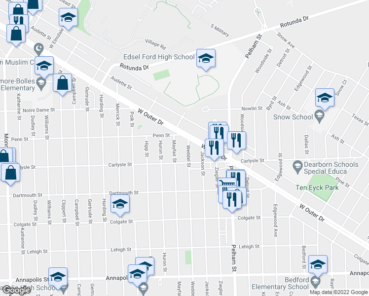 map of restaurants, bars, coffee shops, grocery stores, and more near 3540 Weddel Street in Dearborn