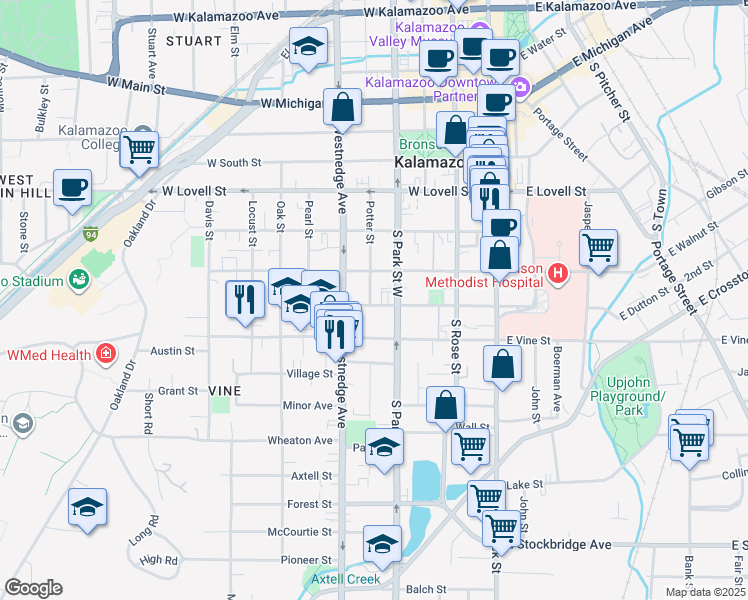 map of restaurants, bars, coffee shops, grocery stores, and more near 429 West Dutton Street in Kalamazoo