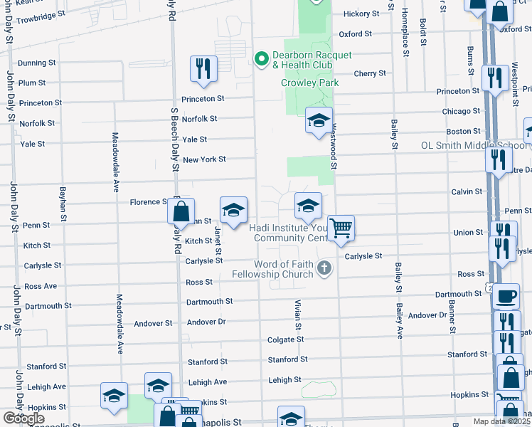 map of restaurants, bars, coffee shops, grocery stores, and more near 3520 Heritage Parkway in Dearborn