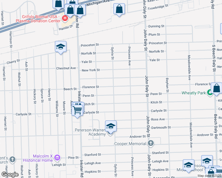 map of restaurants, bars, coffee shops, grocery stores, and more near 27038 Penn Street in Inkster