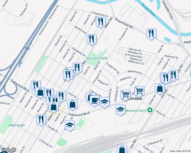 map of restaurants, bars, coffee shops, grocery stores, and more near in Melvindale