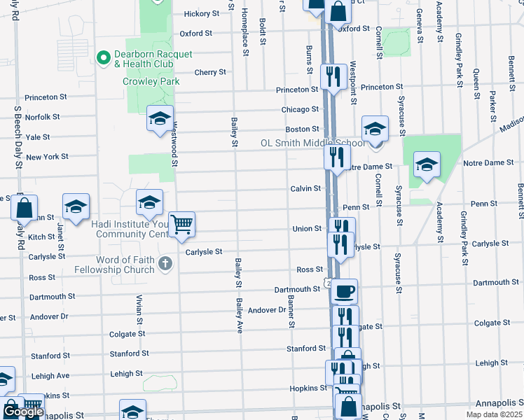 map of restaurants, bars, coffee shops, grocery stores, and more near 24425 Penn Street in Dearborn