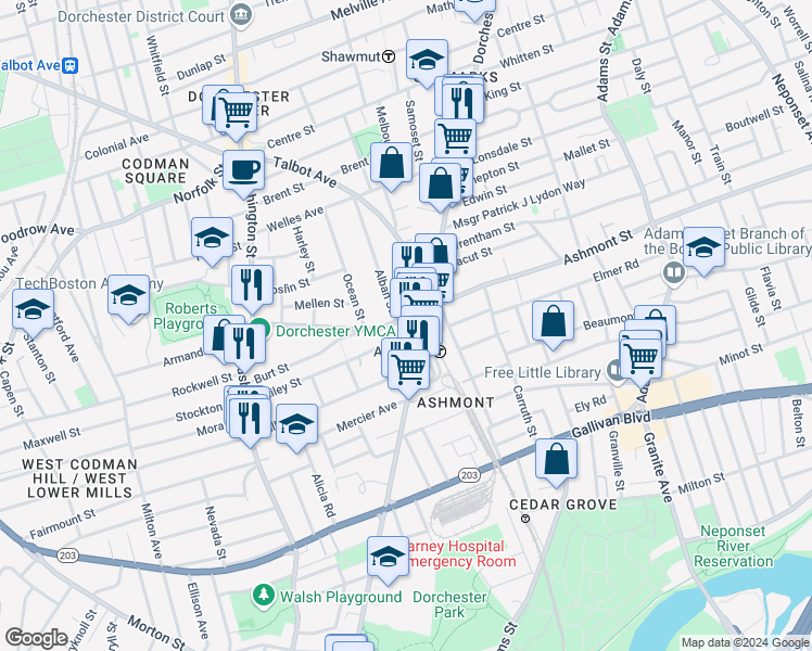 map of restaurants, bars, coffee shops, grocery stores, and more near 153 Ashmont Street in Boston