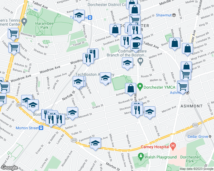 map of restaurants, bars, coffee shops, grocery stores, and more near 9 Peacevale Road in Boston