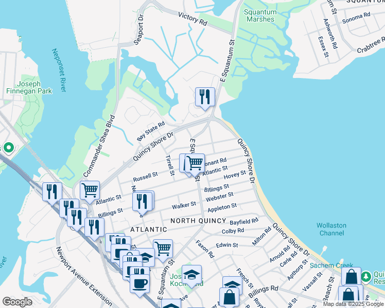 map of restaurants, bars, coffee shops, grocery stores, and more near 292 East Squantum Street in Quincy