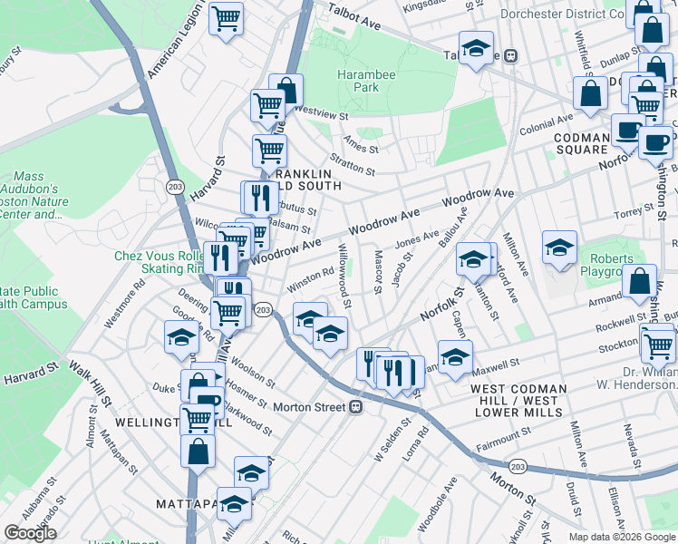map of restaurants, bars, coffee shops, grocery stores, and more near 7 Marden Avenue in Boston