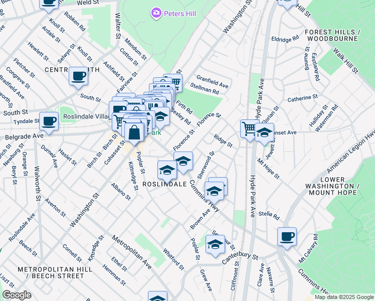 map of restaurants, bars, coffee shops, grocery stores, and more near 121 Sycamore Street in Boston