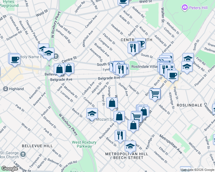 map of restaurants, bars, coffee shops, grocery stores, and more near 40 Newburg Street in Boston
