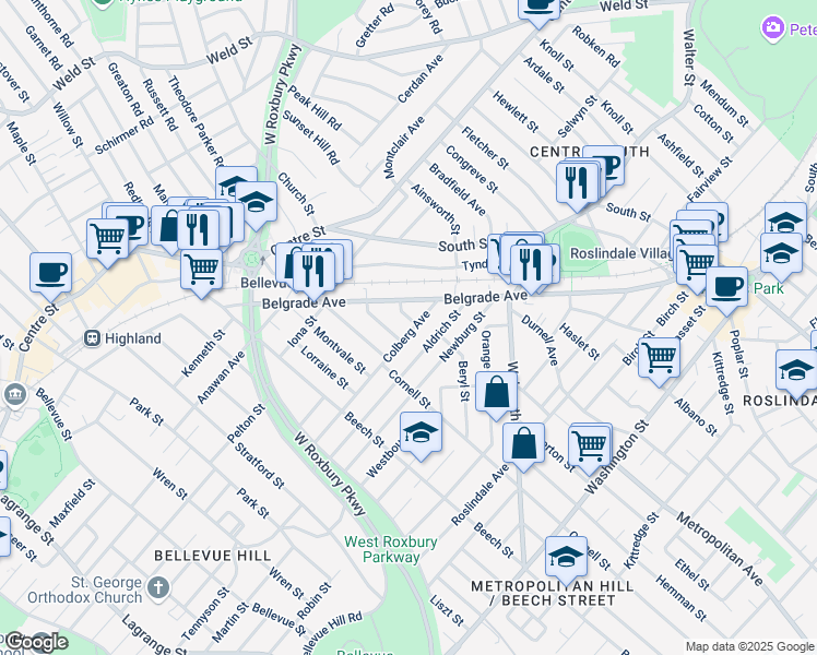 map of restaurants, bars, coffee shops, grocery stores, and more near 43 Colberg Avenue in Boston