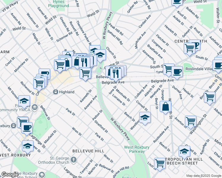 map of restaurants, bars, coffee shops, grocery stores, and more near 31 Iona Street in Boston