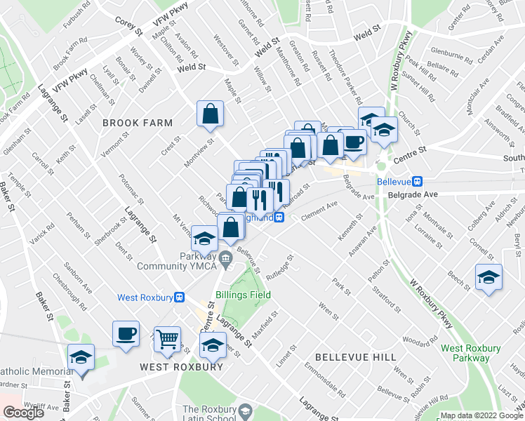 map of restaurants, bars, coffee shops, grocery stores, and more near 16 Hastings Street in Boston