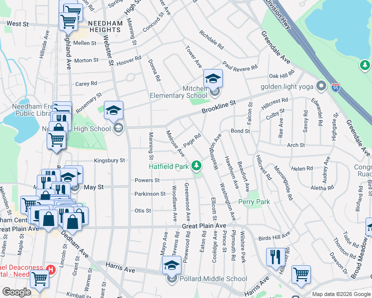 map of restaurants, bars, coffee shops, grocery stores, and more near 15 Morley Street in Needham