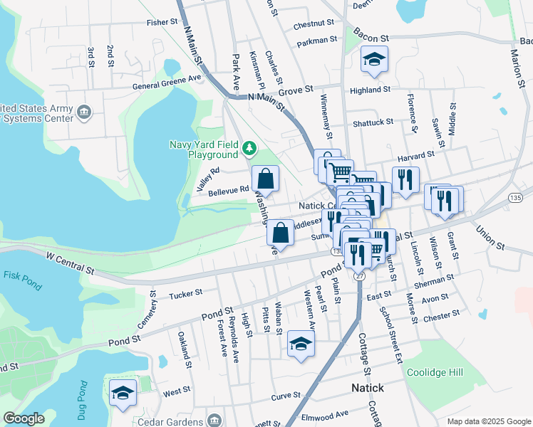 map of restaurants, bars, coffee shops, grocery stores, and more near 20 Washington Avenue in Natick