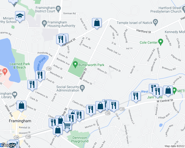 map of restaurants, bars, coffee shops, grocery stores, and more near 93 Bishop Drive in Framingham