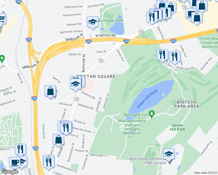 map of restaurants, bars, coffee shops, grocery stores, and more near 53 Denmark Street in Worcester