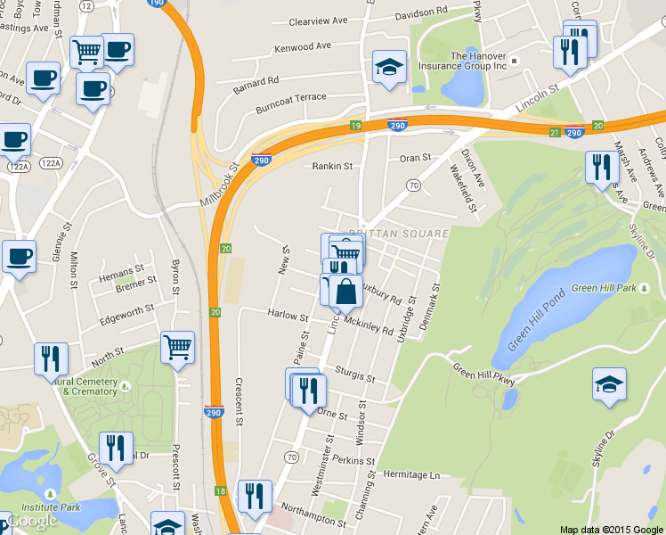 map of restaurants, bars, coffee shops, grocery stores, and more near 274 Lincoln Street in Worcester