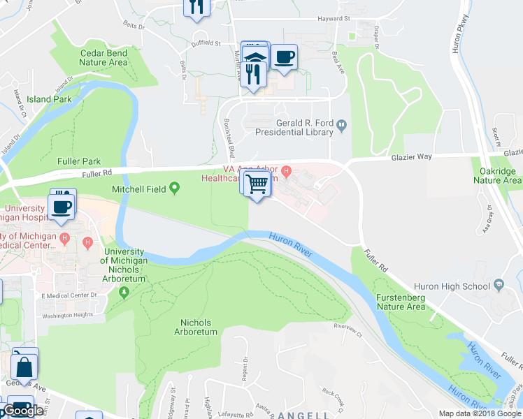 map of restaurants, bars, coffee shops, grocery stores, and more near 2222 Fuller Court in Ann Arbor