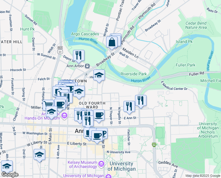 map of restaurants, bars, coffee shops, grocery stores, and more near in Ann Arbor