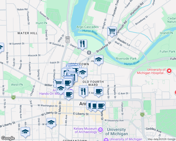 map of restaurants, bars, coffee shops, grocery stores, and more near 407 East Kingsley Street in Ann Arbor