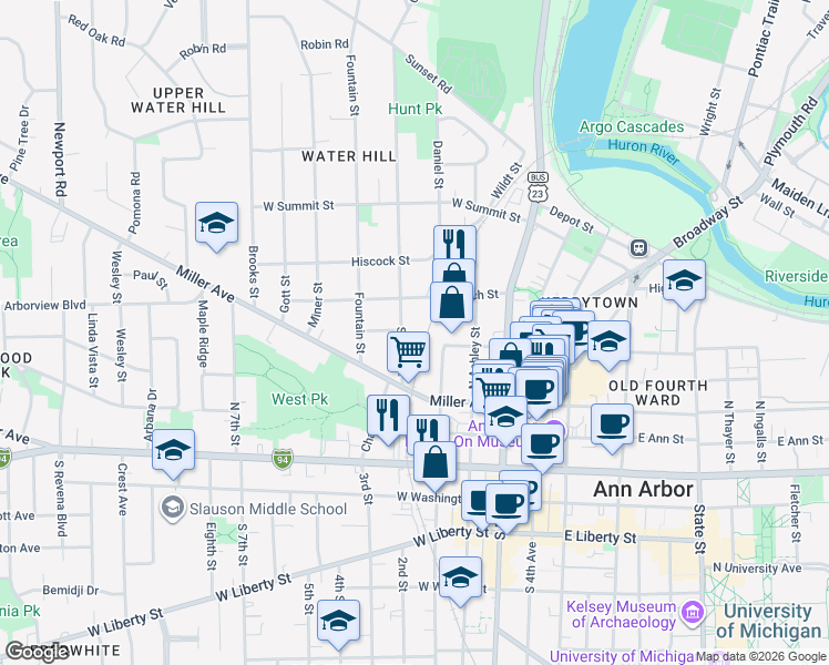 map of restaurants, bars, coffee shops, grocery stores, and more near 439 Spring Street in Ann Arbor