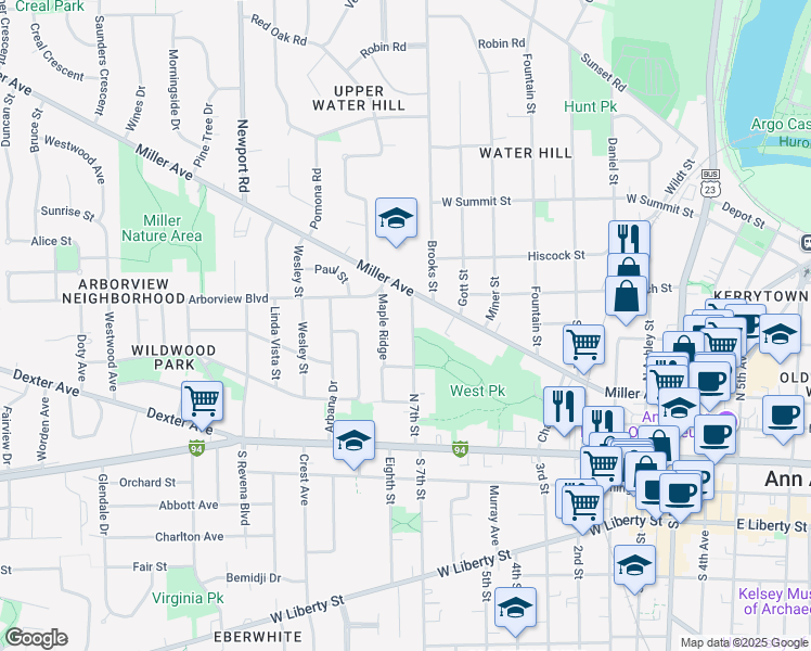 map of restaurants, bars, coffee shops, grocery stores, and more near 512 North 7th Street in Ann Arbor