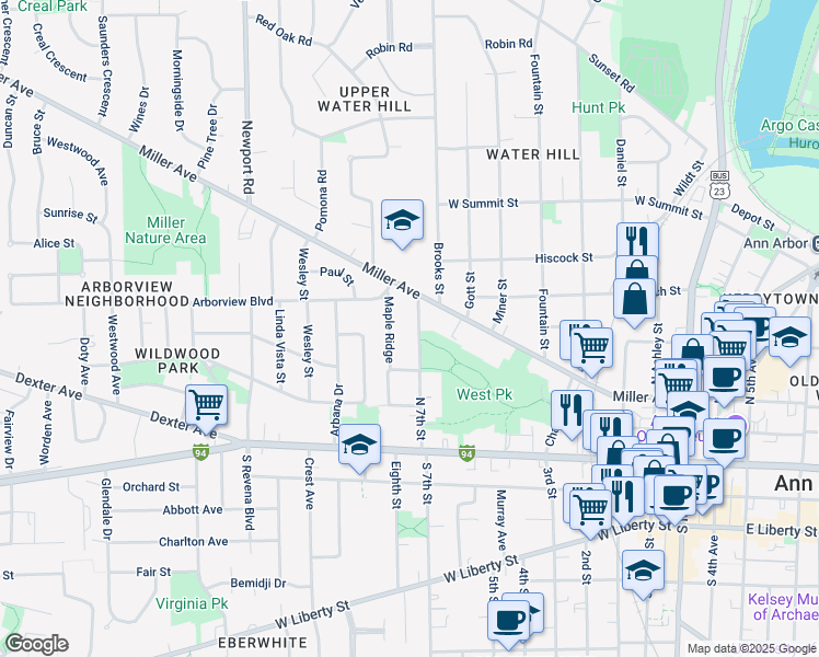 map of restaurants, bars, coffee shops, grocery stores, and more near 314 Maple Ridge in Ann Arbor