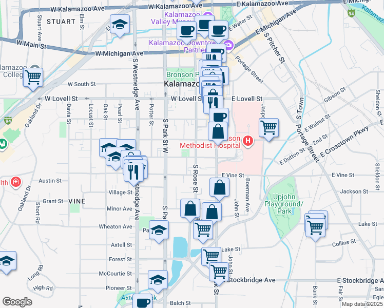 map of restaurants, bars, coffee shops, grocery stores, and more near 219 West Dutton Street in Kalamazoo