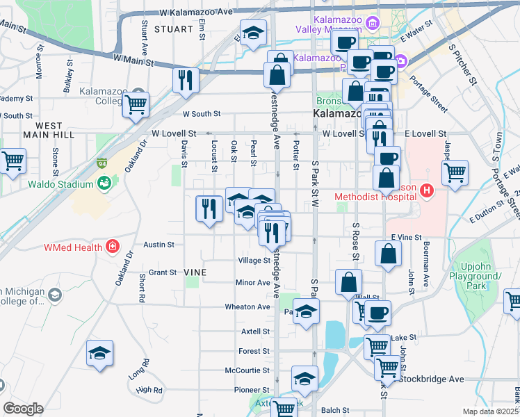 map of restaurants, bars, coffee shops, grocery stores, and more near 714 South Westnedge Avenue in Kalamazoo