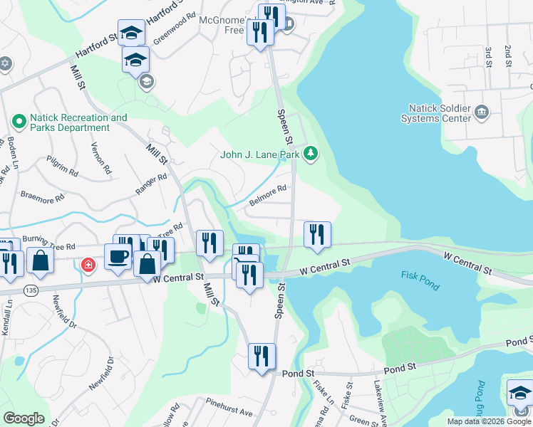 map of restaurants, bars, coffee shops, grocery stores, and more near 20 Edwards Road in Natick