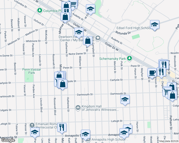 map of restaurants, bars, coffee shops, grocery stores, and more near 3606 Campbell Street in Dearborn