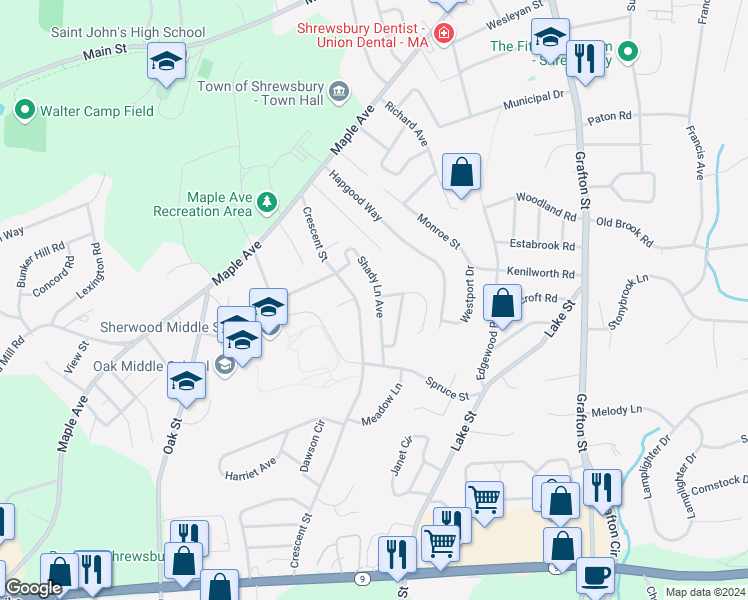 map of restaurants, bars, coffee shops, grocery stores, and more near 31 Shady Lane Avenue in Shrewsbury