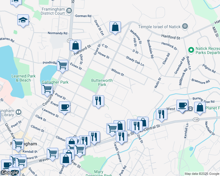 map of restaurants, bars, coffee shops, grocery stores, and more near 93 Bishop Drive in Framingham