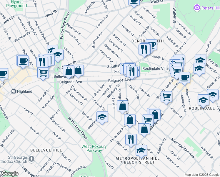 map of restaurants, bars, coffee shops, grocery stores, and more near 32 Aldrich Street in Boston