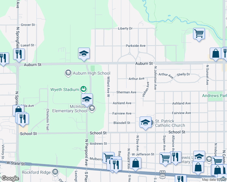 map of restaurants, bars, coffee shops, grocery stores, and more near 2916 Sherman Avenue in Rockford