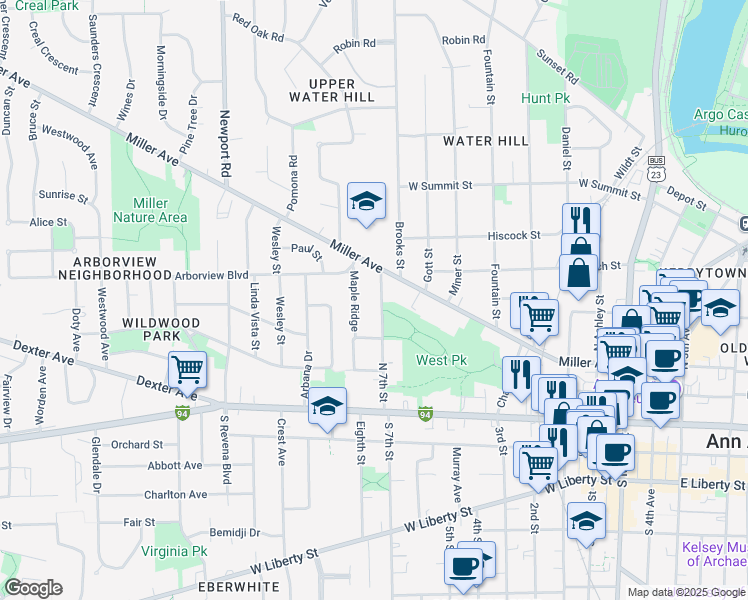 map of restaurants, bars, coffee shops, grocery stores, and more near 512 North 7th Street in Ann Arbor