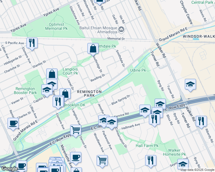 map of restaurants, bars, coffee shops, grocery stores, and more near 1585 Grand Marais Road East in Windsor