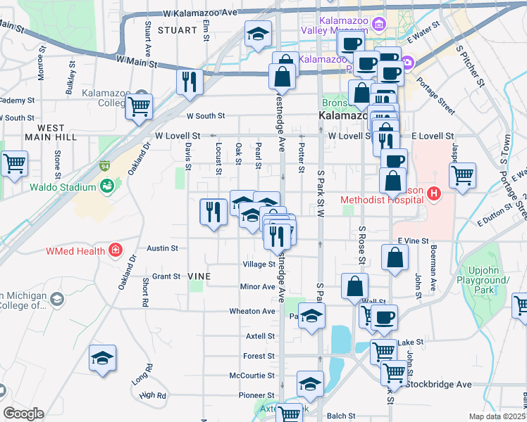 map of restaurants, bars, coffee shops, grocery stores, and more near 526 West Dutton Street in Kalamazoo