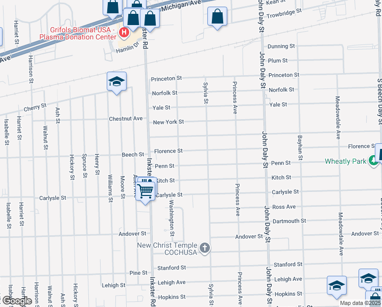 map of restaurants, bars, coffee shops, grocery stores, and more near 27038 Penn Street in Inkster