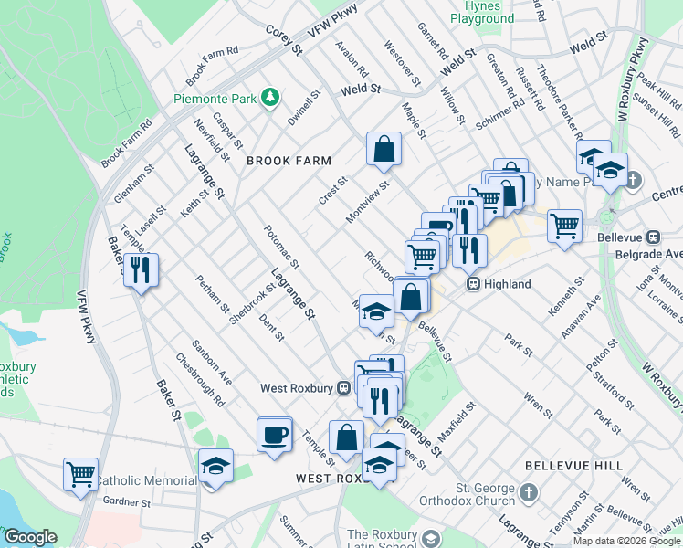 map of restaurants, bars, coffee shops, grocery stores, and more near 95 Mount Vernon Street in Boston